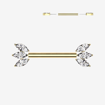 A Pair of Implant Grade Titanium OneFit Threadless Golden Marquise Flower Sparkle Nipple Barbell-Clear Gem